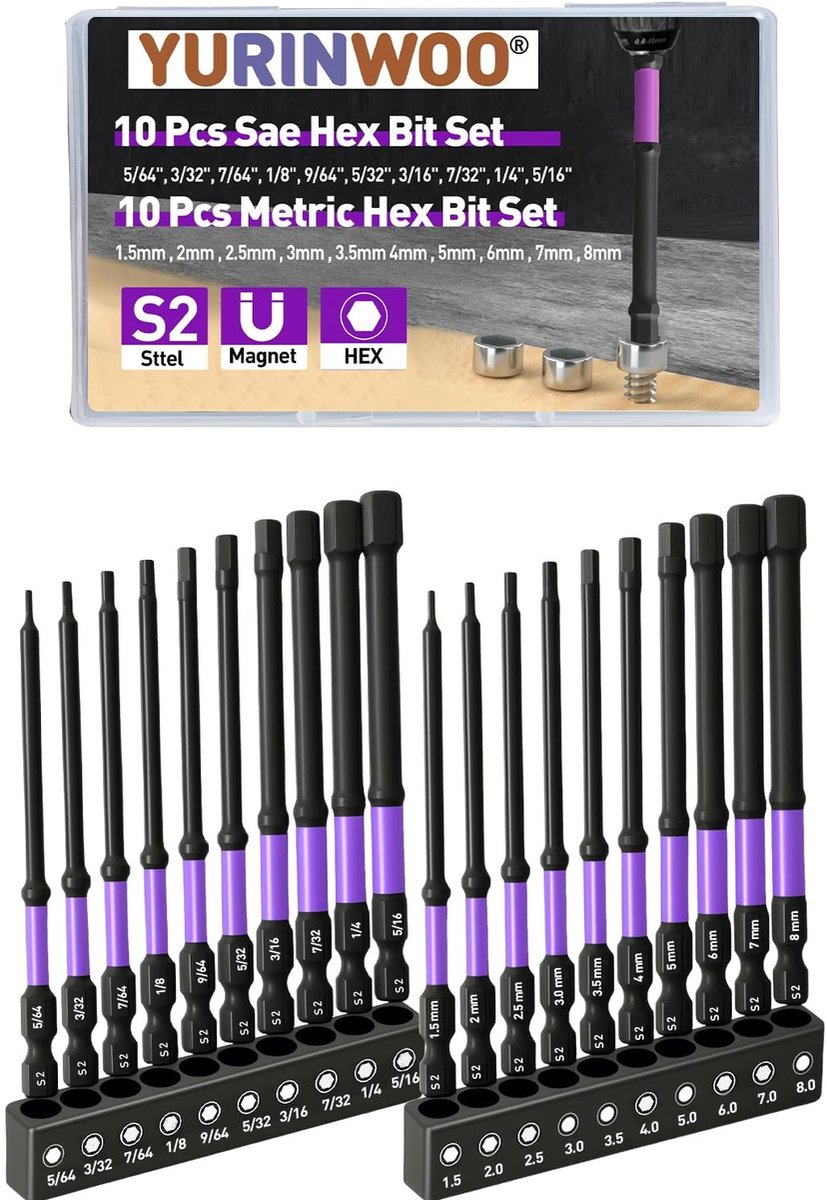 Dailygoods- Inbussleutel Boorset 20 Stuks - Zeskantkop - Metrisch/SAE - S2 Gelegeerd Staal - CNC Gefreesde Tips - Magnetisch 100 mm - Hex Bit Set
