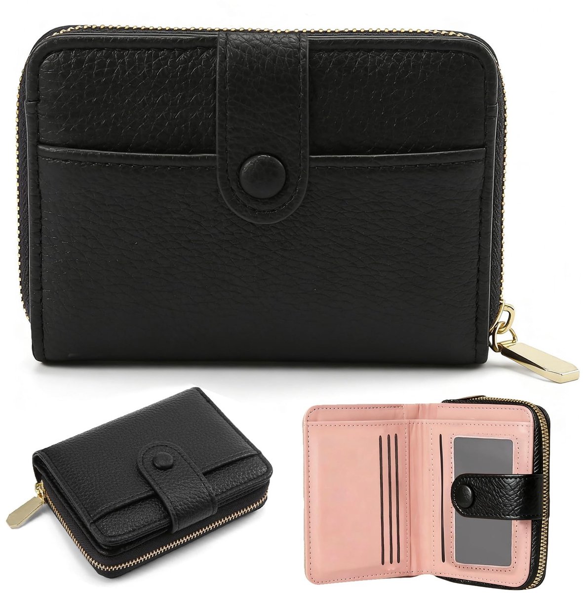 Dailygoods - Kleine damesportemonnee van PU-leer, meerlaags design, mini-portemonnee met groot ritsvak, geschikt voor het opbergen van kleingeld en bankkaarten, zwart