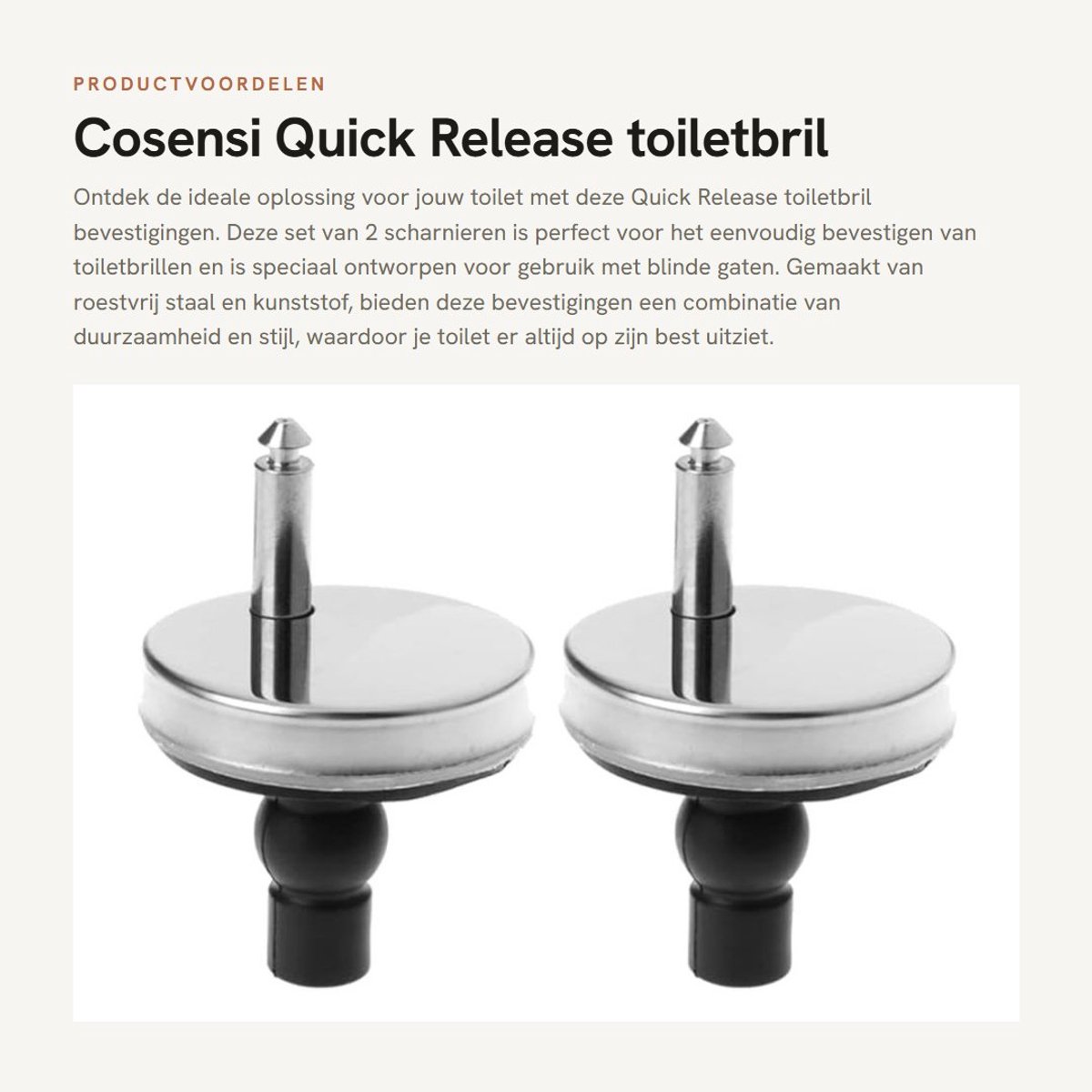 Dailygoods- Toiletbril Scharnieren 55 mm - Quick Release Bevestigingen - Roestvrij Staal/Kunststof - 2 Stuks - Zilver/Wit/Zwart - Voor Blinde Gaten