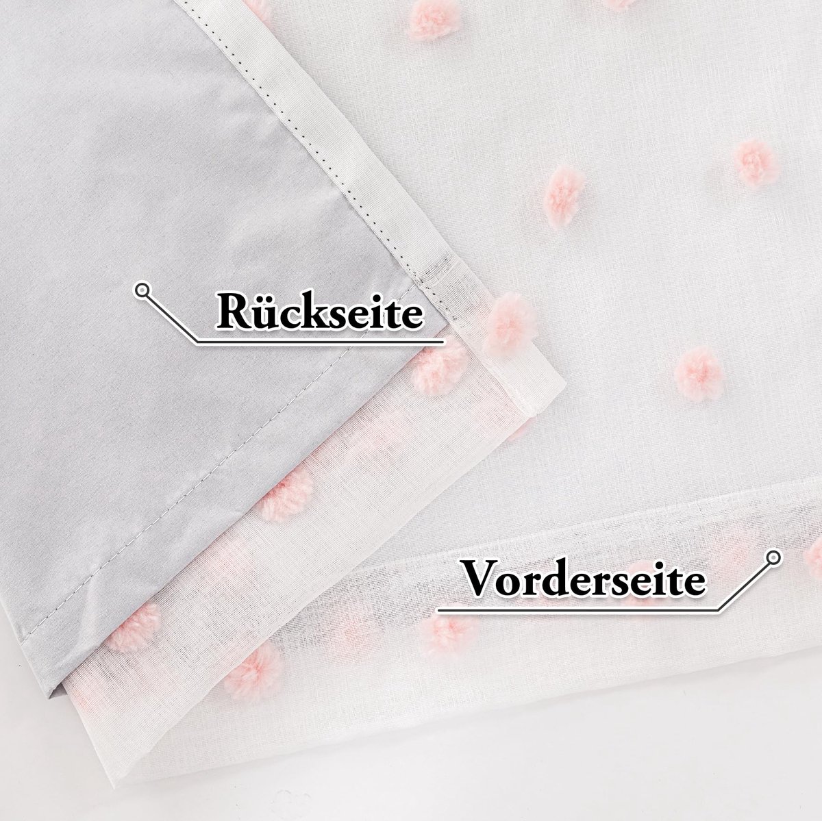 Gordijnen voor kinderkamer voor meisjes, kort, roze pompons, verduisteringsgordijn met inslagringen, thermogordijn tegen hitte, voor woonkamer, slaapkamer, 175 x 140 cm (h x b), roze