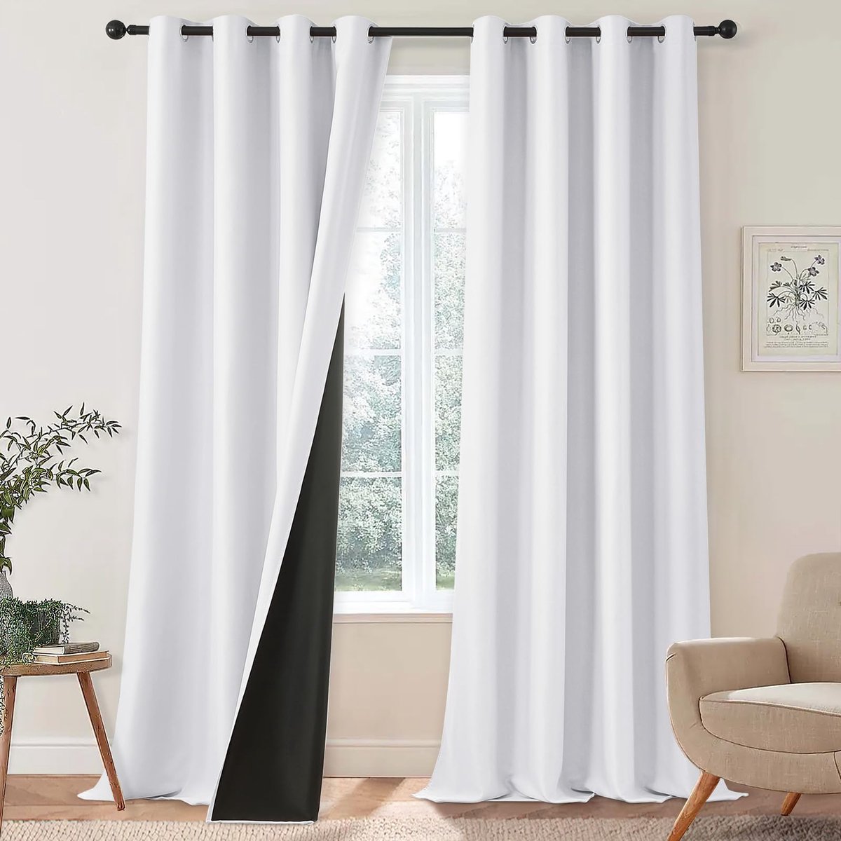 Verduisteringsgordijnen, wit, 100% ondoorzichtig, set van 2 gordijnen met inslagringen, woonkamer, dik en zwaar, thermogordijn, bescherming tegen kou, 225 cm lang, 140 cm breed