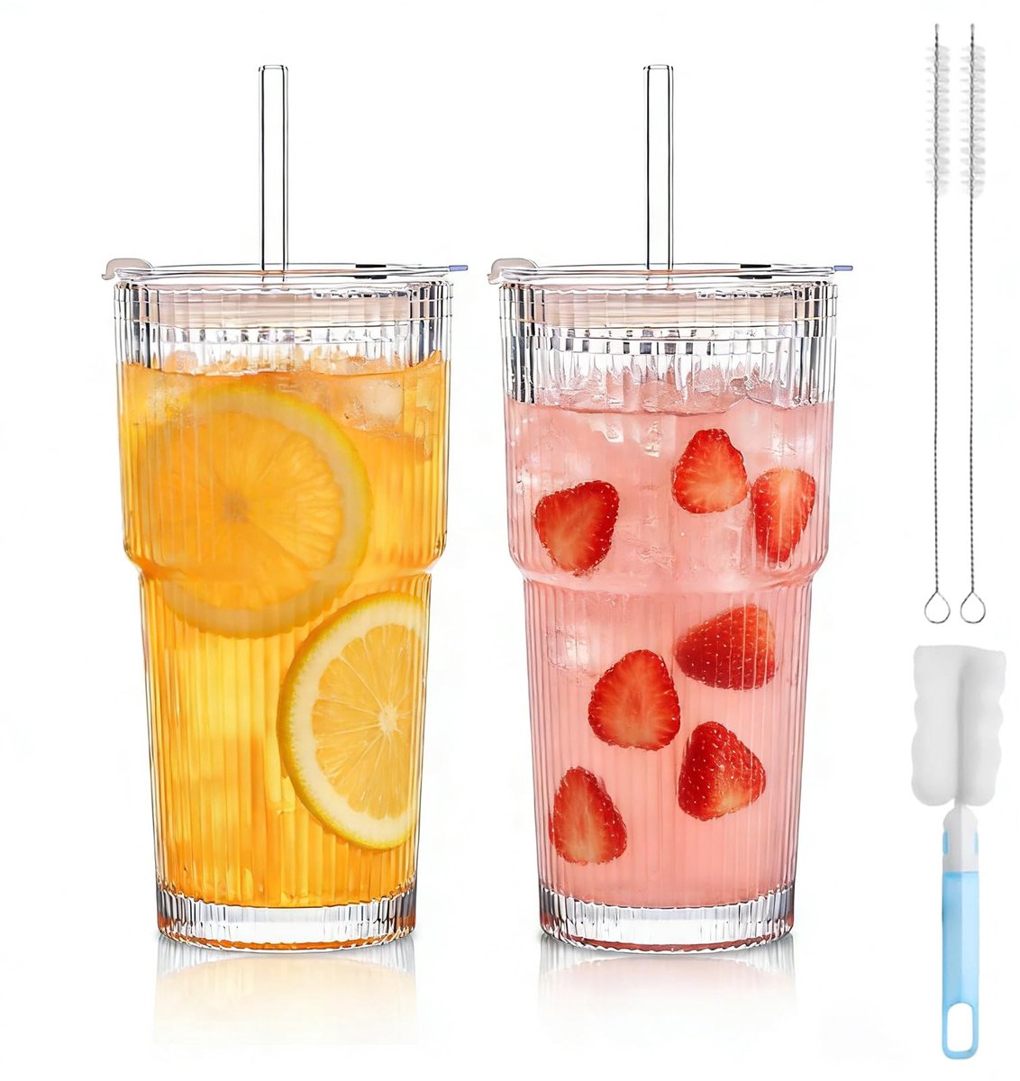 2 stuks geribbelde glazen bekers van 600 ml met deksel en rietje, dikwandige en robuuste smoothiebekers van hoogwaardig glas, luchtdicht en waterdicht design, ideaal als koffie