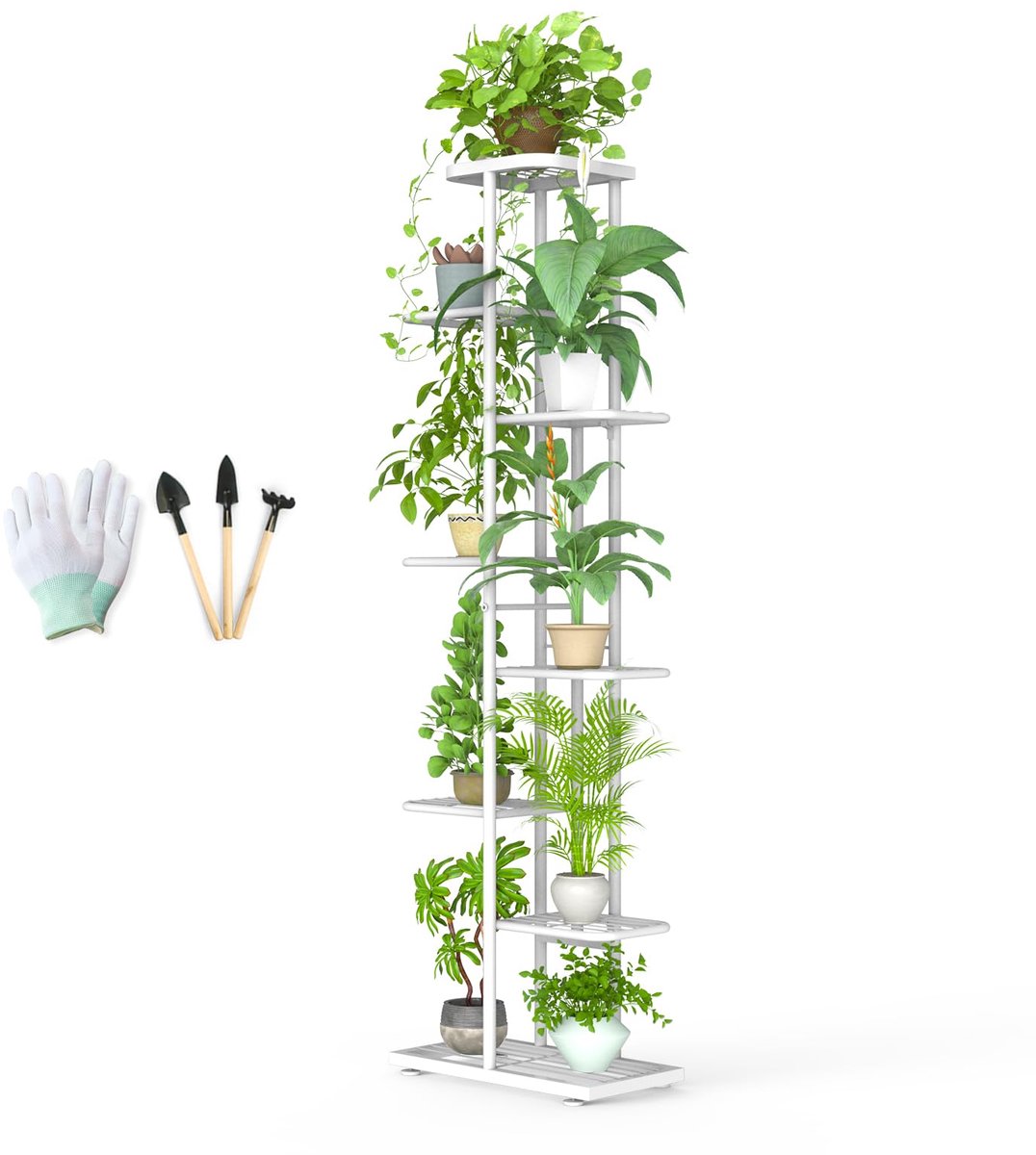 Bloemenstandaard met 8 etages, wit, met tuingereedschap en handschoenen, 141 cm hoog, metalen plantenstandaard, binnen en buiten, meerlaags bloemenrek, plantentrap, hoekrek, staand voor tuin,