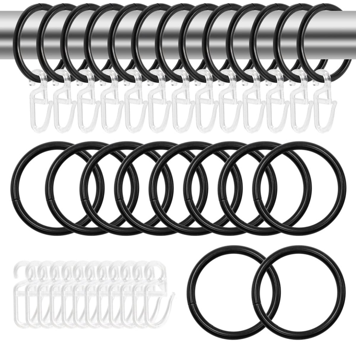 50 stuks metalen gordijnringen, hangende ringen, hangende ringen en 50 stuks kunststof gordijnhaken voor raam, deur, douchegordijnen, gordijnroedes (30 mm binnendiameter, zwart)