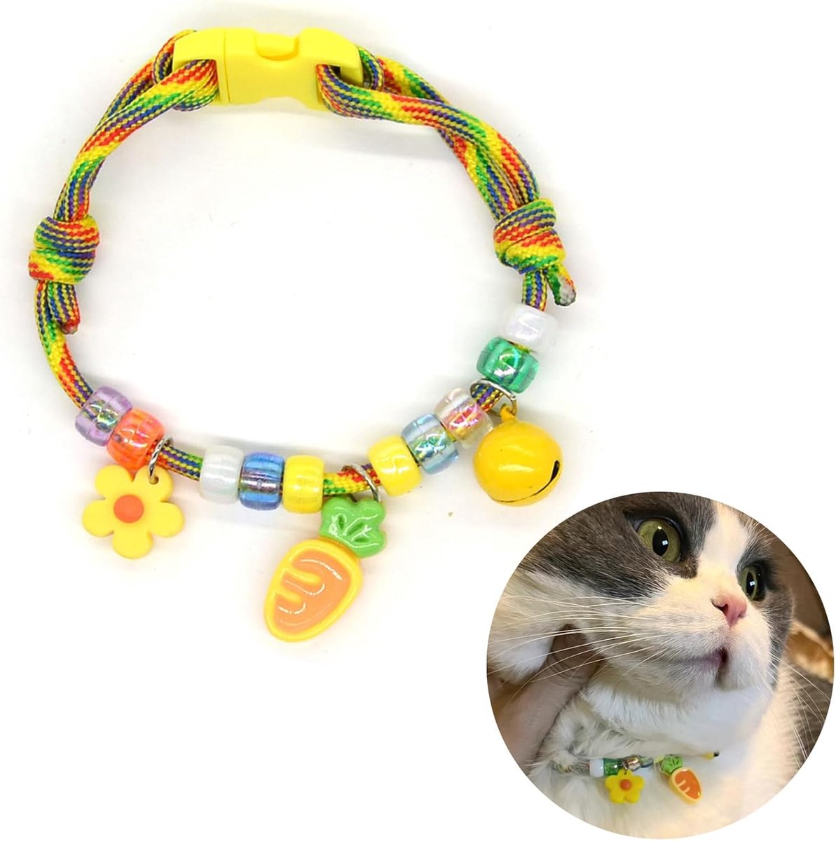 Kattenhalsband met belletje, afneembare halsband voor huisdieren, gele halsband met wortelmotief.