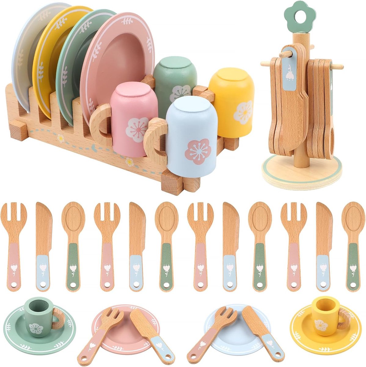 accessoires, theeservies voor kinderen, hout, speelkeuken, accessoires, hout met kopjes, borden, kleurrijk, poppenservies voor jongens en meisjes vanaf 3 jaar, voor Kerstmis, verjaardag
