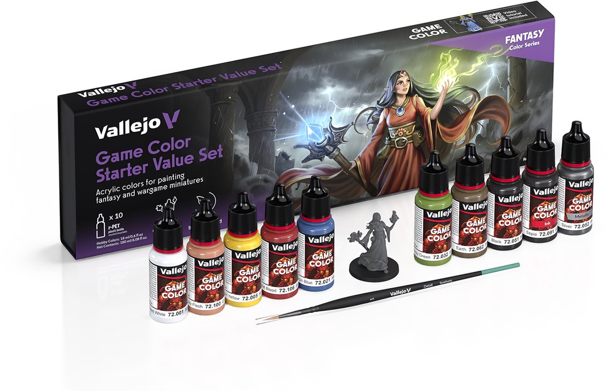 Vallejo Hobbyverf Acrylverf - 72215 Game Color - Starter Value Set incl. 1 Miniatuur - 1 Penseel - Acryl Set - 10x Verf set - 10x 18 ml