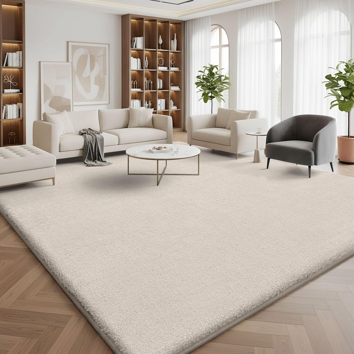 Hedendaagse tapijt voor woonkamer, rond, behaaglijk, wollig, zacht, wasbaar, antislip onderkant, laagpolig, extra grote mat, voor hal, kinderkamer, slaapkamer, beige, 240 x 340 cm