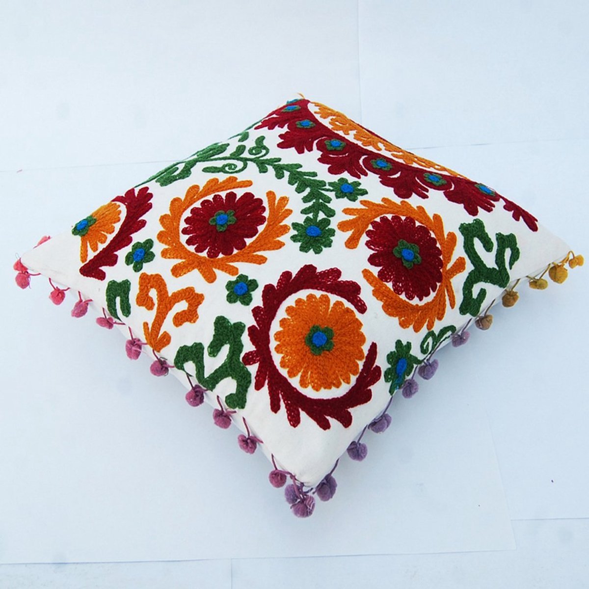 Kussenhoes 16x16, borduurwerk, decoratieve sierkussen, Indiase Bohemian hippie outdoor kussens, Pom Pom Boho kussenshams (10)