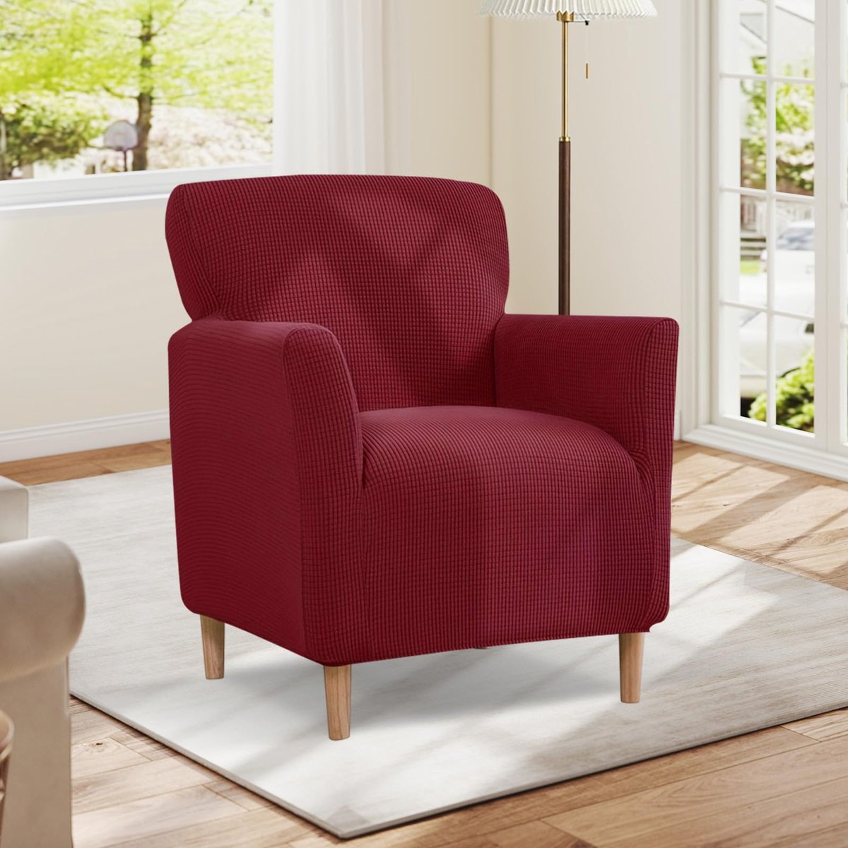 Fauteuilhoes, High Stretch bankovertrek, 1-zits, fauteuilhoes, stretch, zachte stoelbeschermer met armleuning, stoelhoes, meubelbescherming, bankovertrek, wasbaar, lichtgroen (Wijnrood)