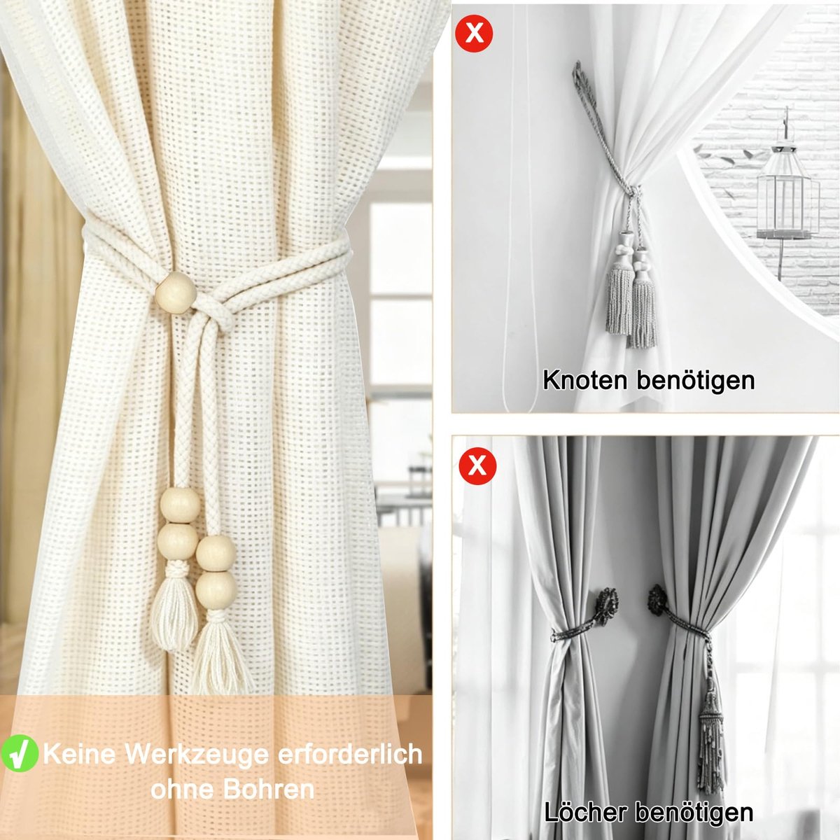 Gordijnhouders, 4 stuks, verstelbare gordijnhouders voor gordijnen, handgeweven gordijnhouders, gordijnband met grote houten bal, beige, decoratieve houders voor thuis, kantoor, raam (beige)