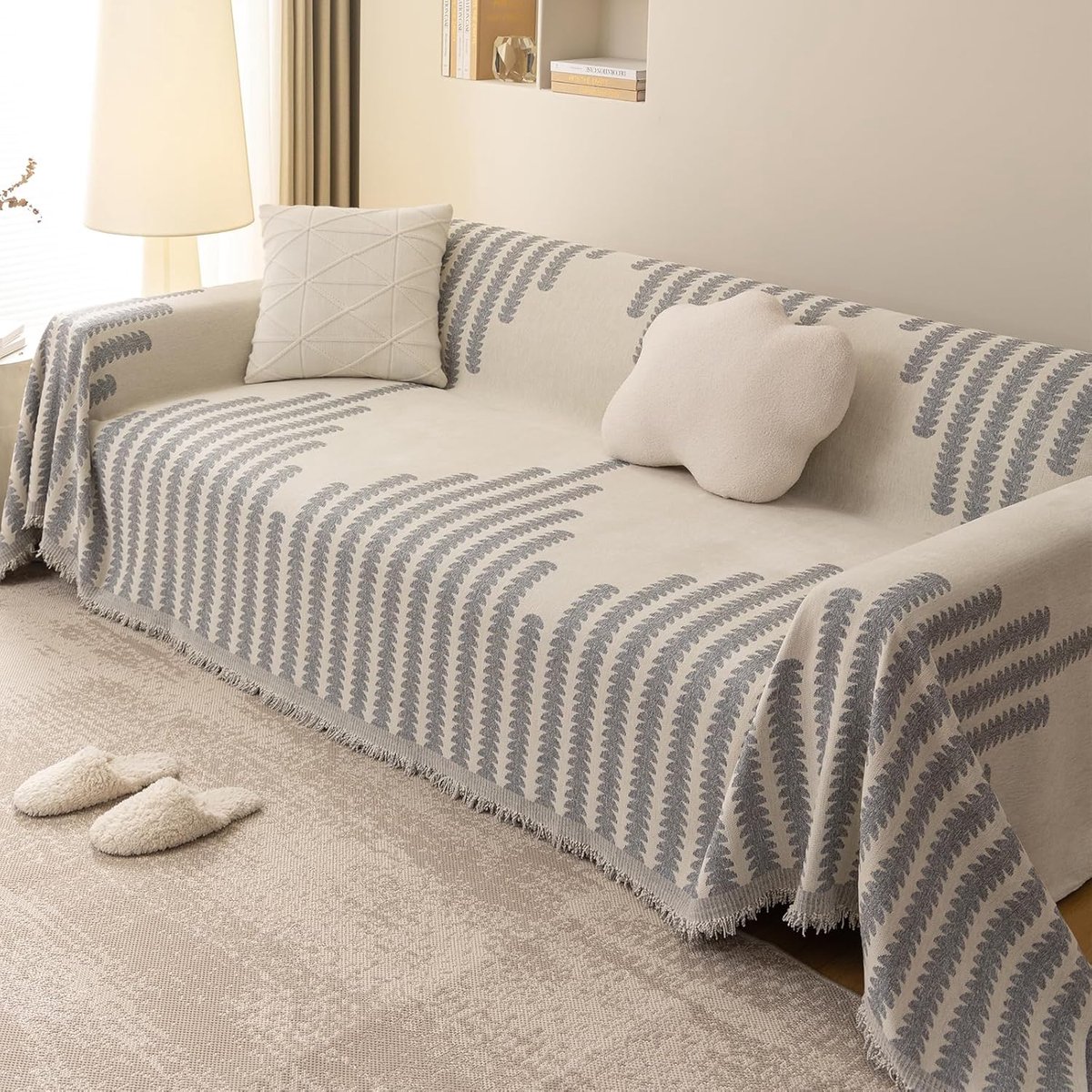 Plaids, chenille grote sofa deken met kwastjes voor 2-, 3- en 4-zits, jacquard patroon settees gooien voor bank, fauteuil en bed 180 x 360 cm-lichtgrijs