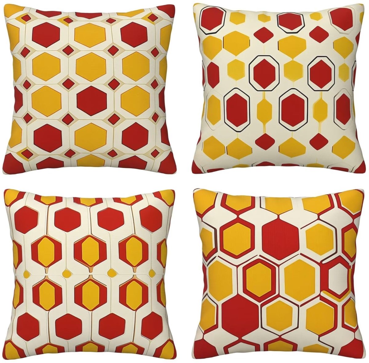 Set van 4 kussenslopen, 65 x 65 cm, geometrisch, rood en geel, kussenslopen, fluweel, zacht, groot, ademend, dubbelzijdig, bankkussen, vierkant, decoratie voor huis, woonkamer, bank, stoel, slaapkamer