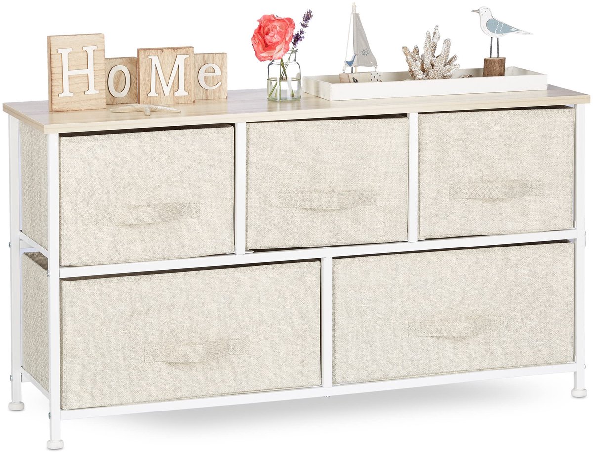 ladekast, met 5 stoffen lades, metaal en hout, ladeblok, commode, ladesysteem, HBD: 54,5 x 100 x 30 cm, beige