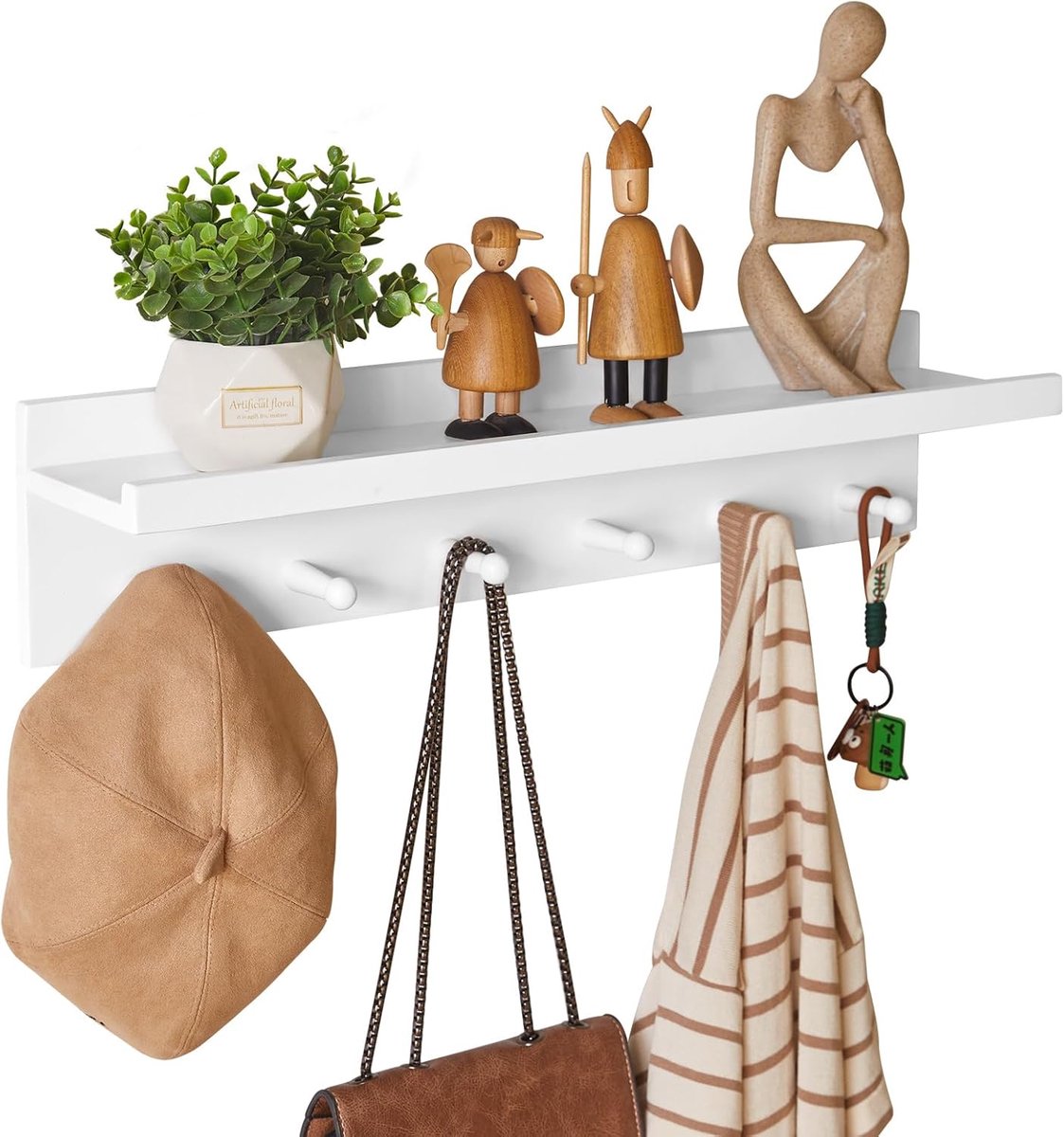 Wandkapstok, wandrek voor entree, 68 cm, zwevende plank, sleutelhanger voor badkamer, keuken, sleutelorganizer, handdoeken, jassen, wit YD-WS0260W