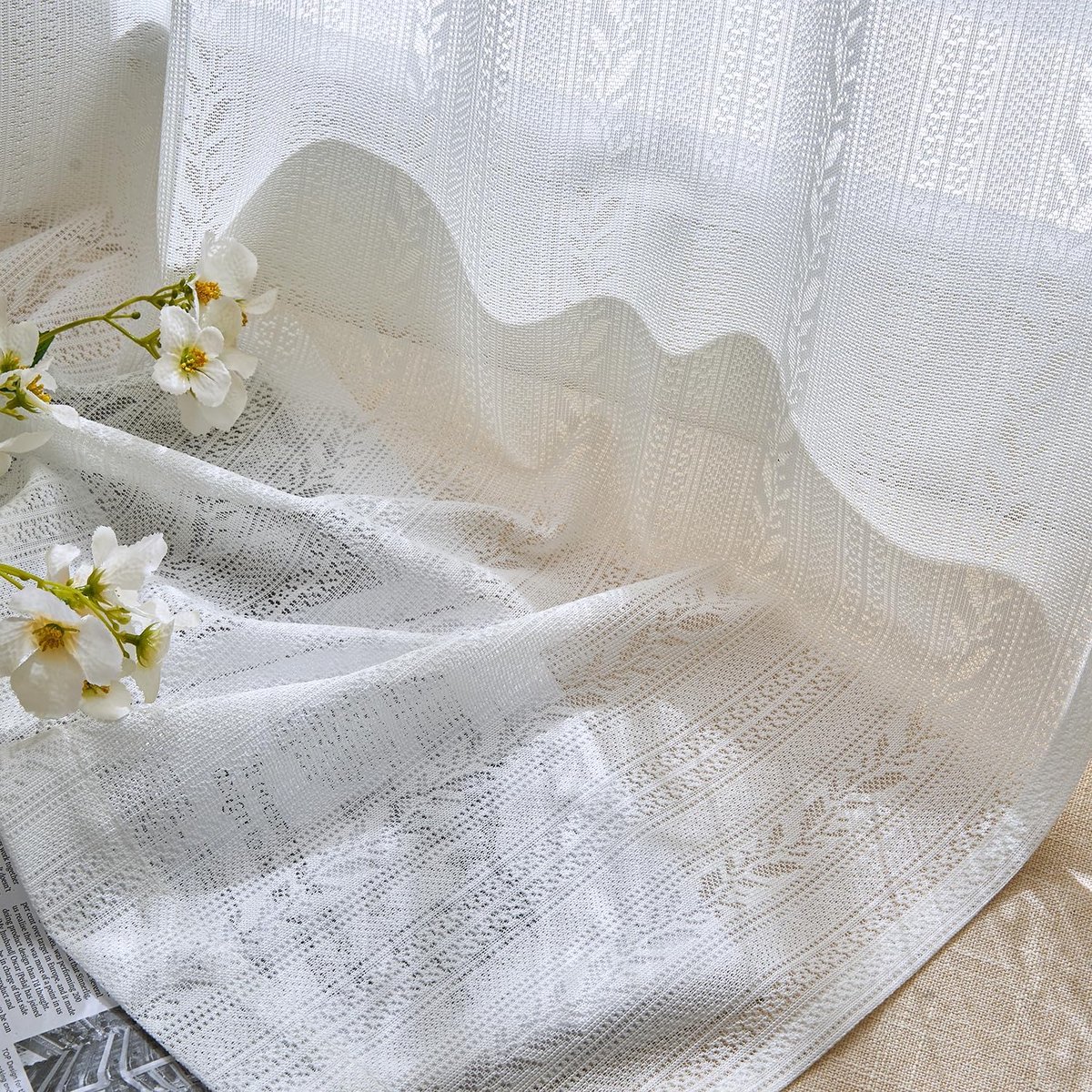 Vitrage 2-delige set met bladerpatroon halftransparant bistrogordijnen 90 x 65 cm kort gordijn landhuisstijl doorzichtig voile gordijnen keukengordijnen woonkamer raamdecoratie wit