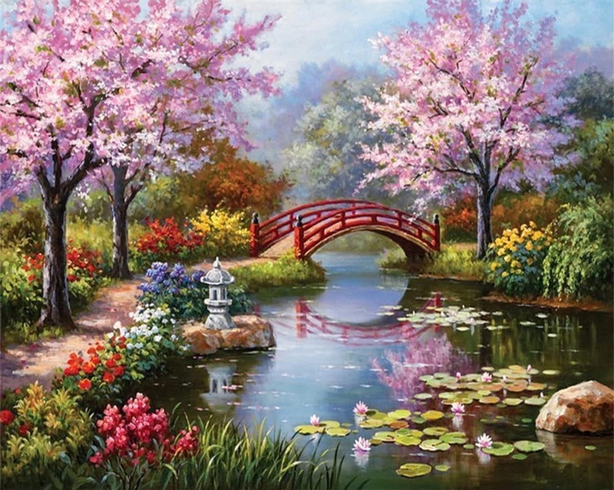 Kruissteekpakketten 11 Count Gestempeld, Landschap Brug Meer Herfst Bloem Borduurset met Accessoires Voorbedrukt (36x46 cm) (Landschap 1)