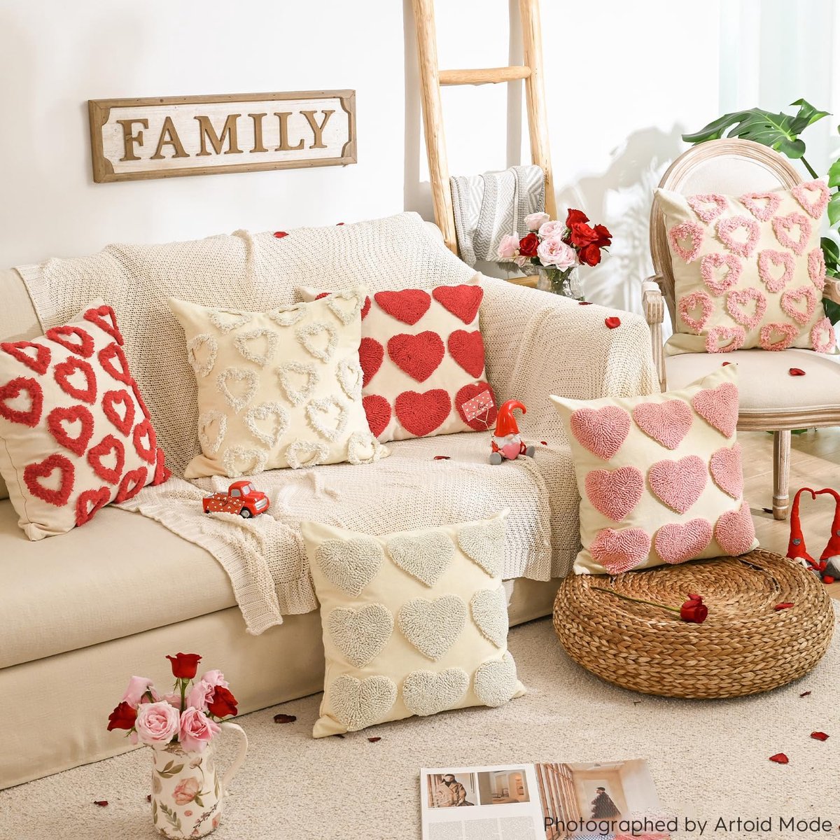 Mode Set van 2 decoratieve kussenslopen met rood hartje, 45 x 45 cm, jacquard fluwelen sierkussensloop, voor bank en bank