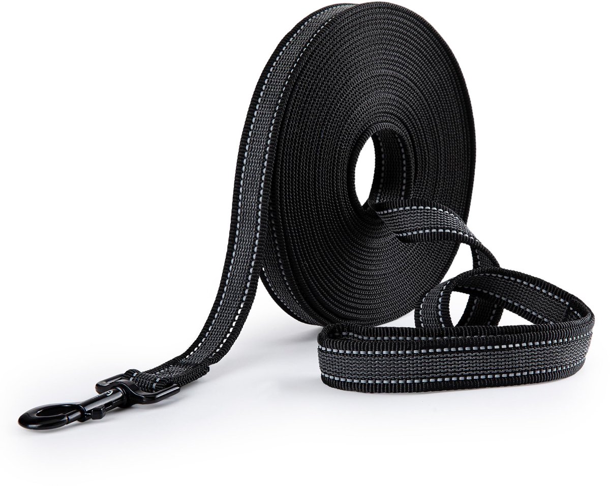 Looplijn voor honden, 10 m, met rubber beklede hondenriem voor kleine tot grote honden, met polsband en opbergzak, zwart (breedte 2,5 cm)