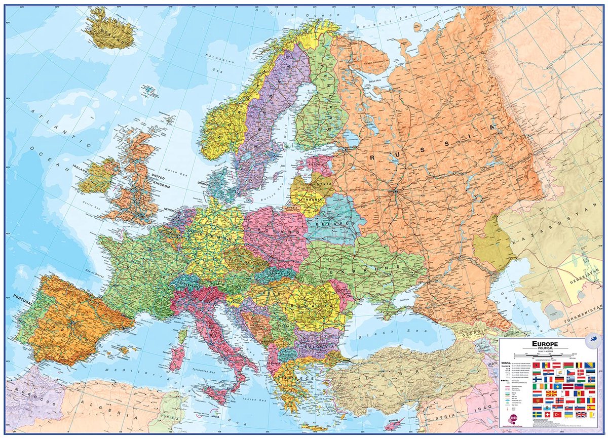 Grote Europese muurkaart (politiek) - gelamineerde voorkant - 118,9 cm (b) x 84,1 cm (h)
