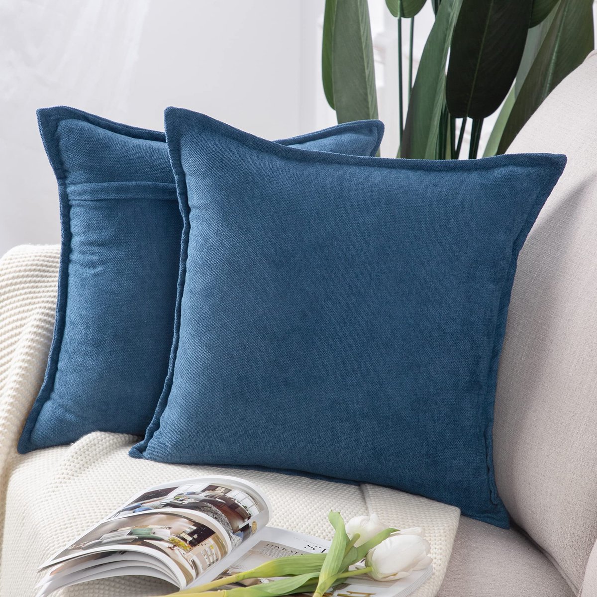 Set van 2 korte Chenille kussenslopen zacht decoratief kussenhoes voor sofa slaapkamer kussensloop 40x40 cm Denim Blauw