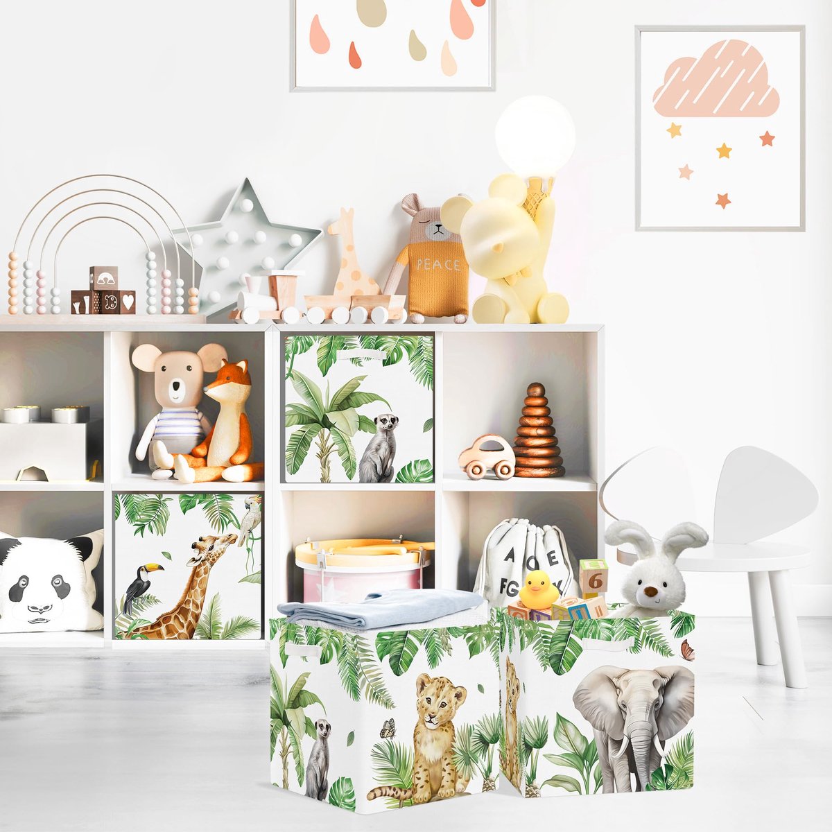 Set van 3 Opbergdozen Jungledieren Opbergkubussen voor Kast Tropisch Bladeren Palmen Giraf Kleding Mand voor Kinderen Speelgoedkist en Boeken voor Kinderkamer,Leeuw,30x30x30 cm