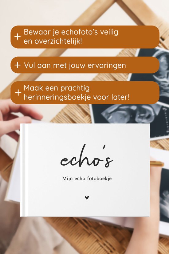Een wit 'echo's' fotoboekje met gouden tekstballonnen die de inhoud beschrijven.
