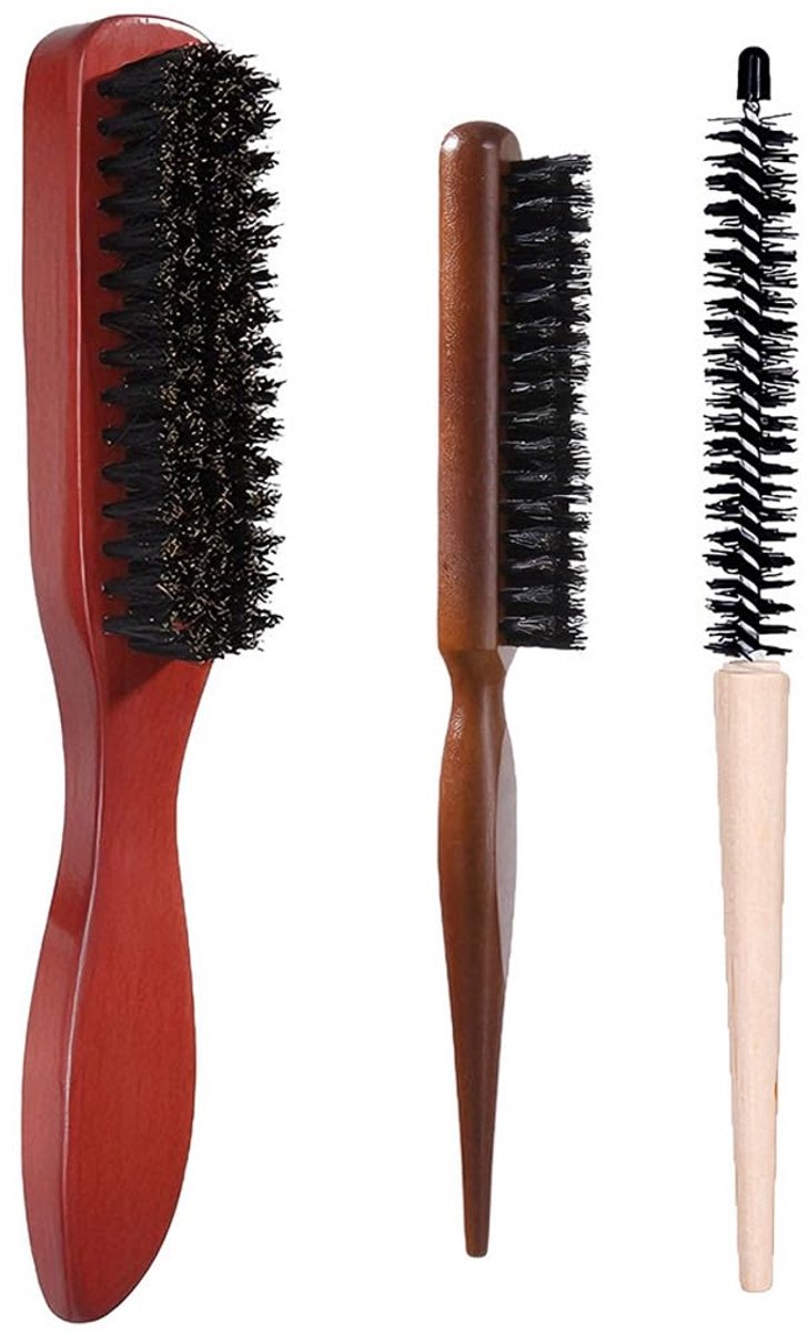3 stuks Sleek Bun borstels, wildzwijnharen, borstel, mini-haarborstel, rond, voor dun haar, pony, baard, roodbruin, haarborstel met houten handvat, voor kapper, dame, baby, kind