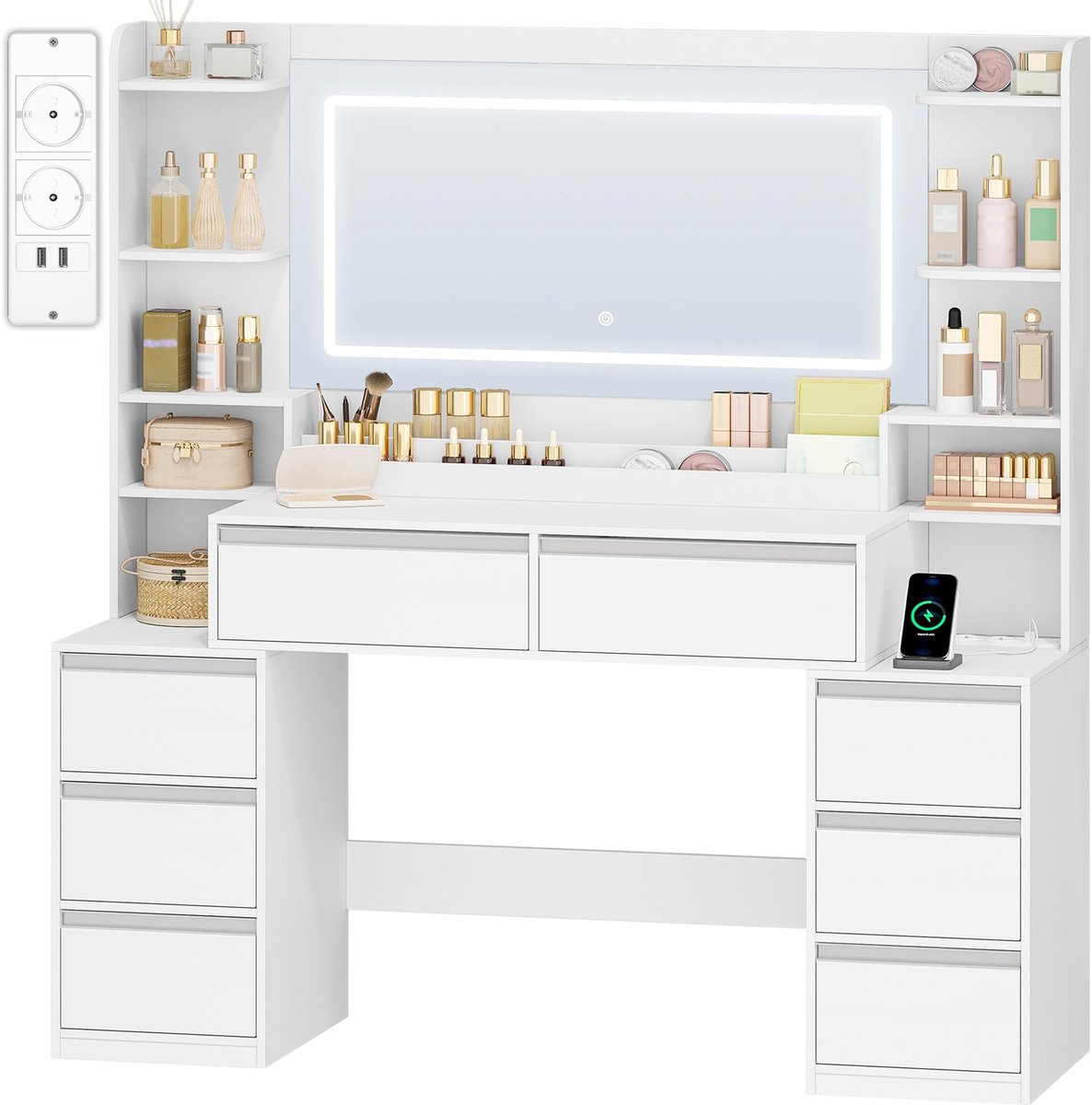 Dailygoods- Kaptafel Grote 3 Kleuren LED Verlichting - Make-up Tafel met Spiegel - 8 Lades