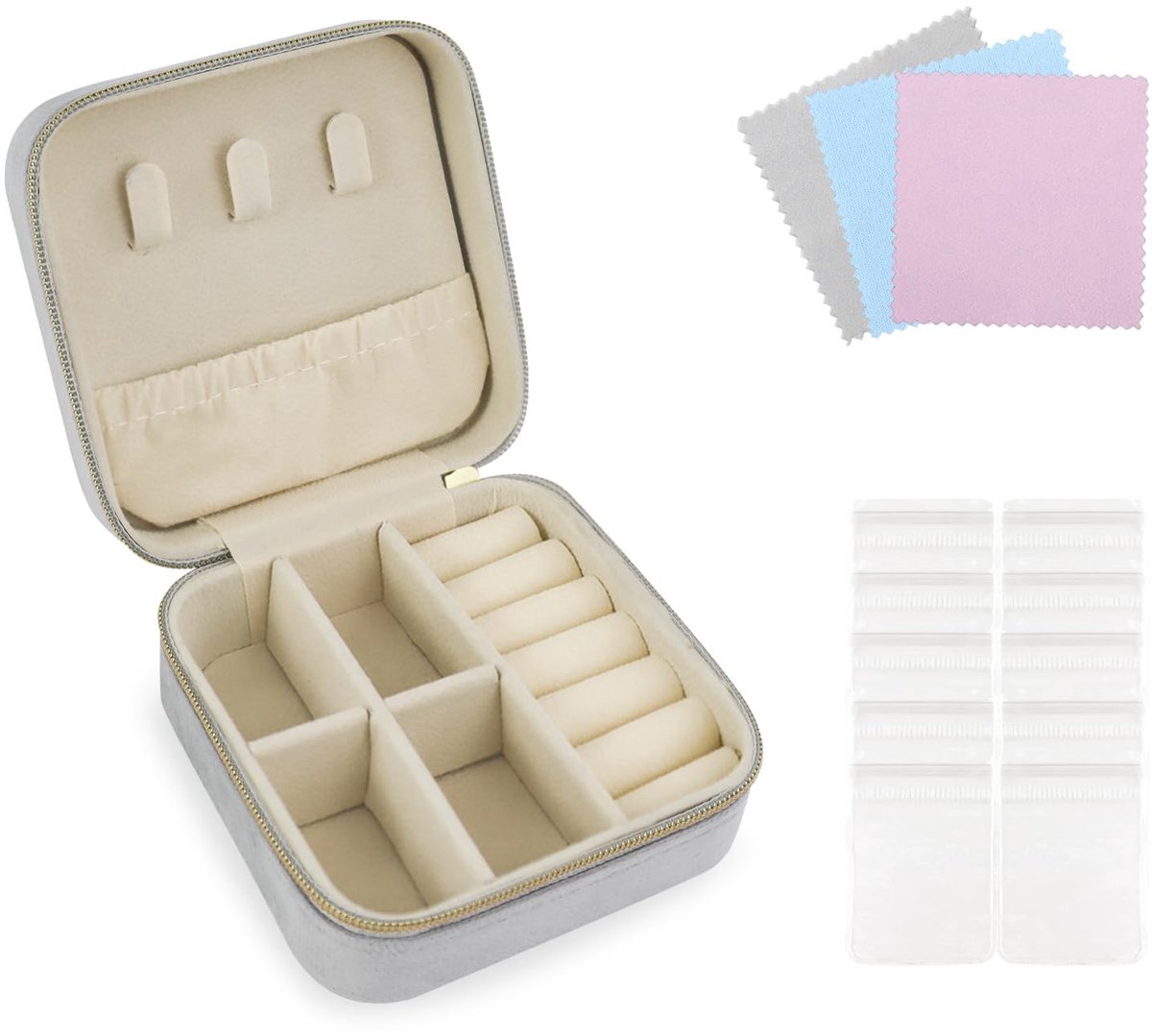 Dailygoods - Andiker Klein sieradendoosje, draagbaar sieraden-reisetui, fluweel, sieradenkistje, klein hoesje voor ringen, oorbellen, halskettingen (grijs)