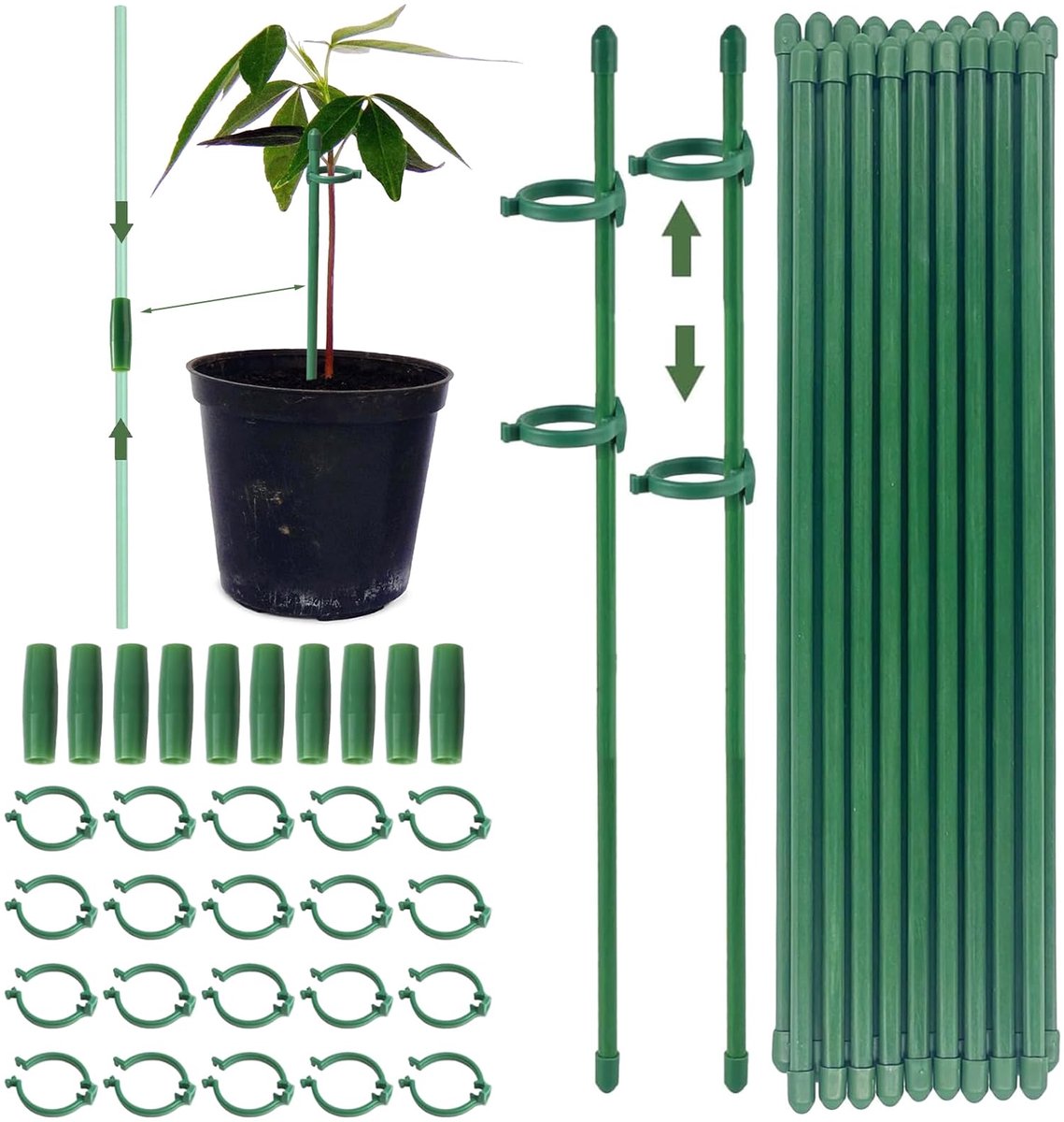 Plantensteun, klimhulp, 20 plantenstaken met 40 karabijnhaken & 20 verlengbuizen, voor tomaten, plantenhouder voor tuin, komkommers, kamerplanten (130 stuks)