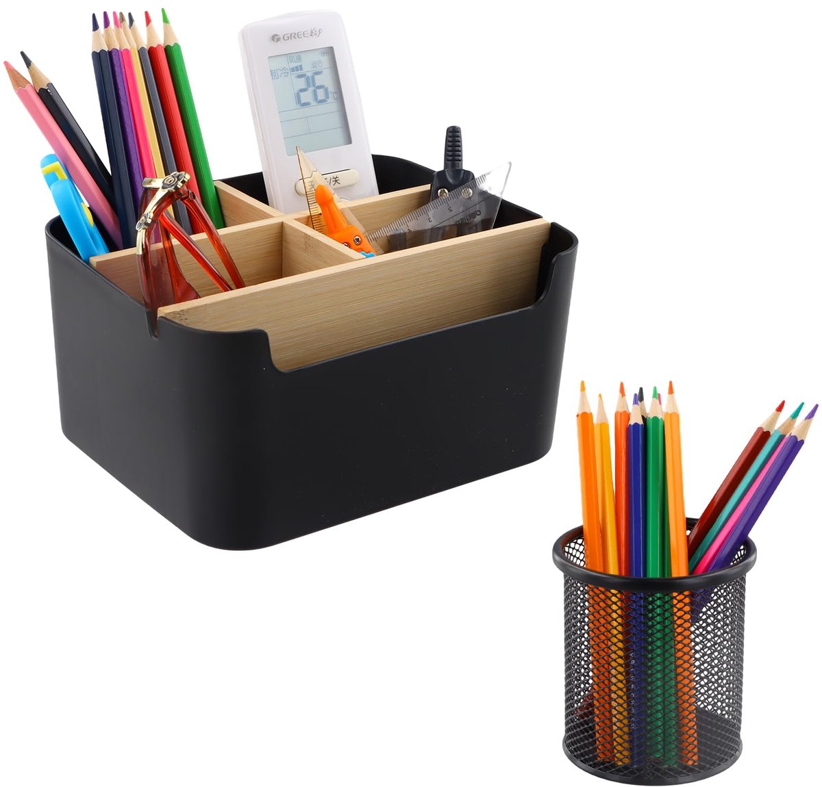 Bureau-pennenhouder met 5 vakken, van hout, multifunctionele bureau-organizer van bamboe, pennenhouder voor kantoor, bureau-organizer, voor schrijfwaren, cosmetica, afstandsbediening, pennen, potloden