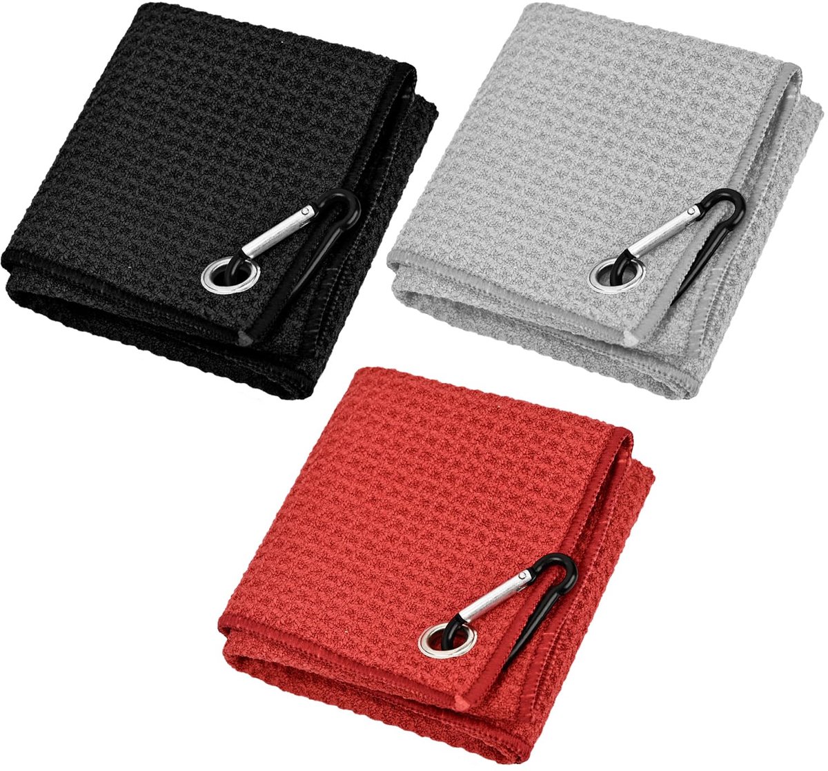 Set van 3 Golfhanddoeken 30x30cm Microvezel Handdoeken voor Golftas met Clip, Ultra Absorberend Golf Accessoires voor Heren en Dames, Parelgrijs Donkerrood Zwart