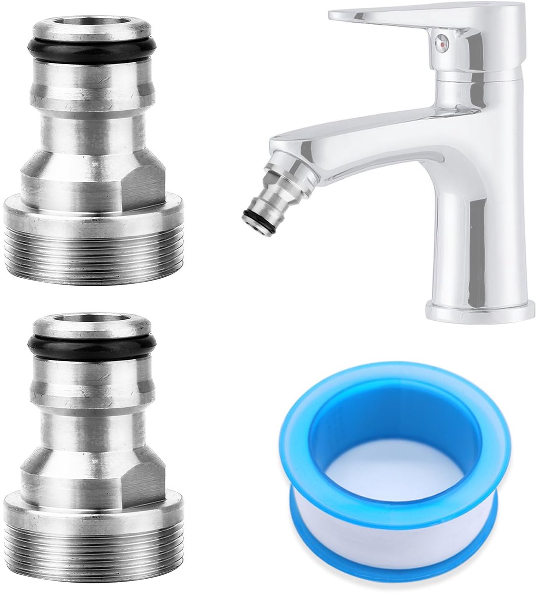 2 stuks universele kraanaansluiting voor mengkraan + PTFE afdichtingstape, 5 m, slangadapter slangkoppeling, snelkoppeling, tuinslangaansluiting (zilver)