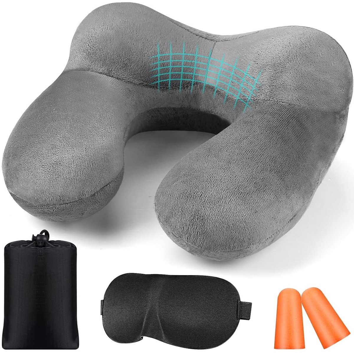 Reiskussen, nekkussen, opblaasbaar voor vliegtuig met oordopjes, zacht fluweel, ergonomisch nekkussen, reiskussen, opblaasbaar, voor kantoor, vliegtuig, auto, reizen, camping, sl
