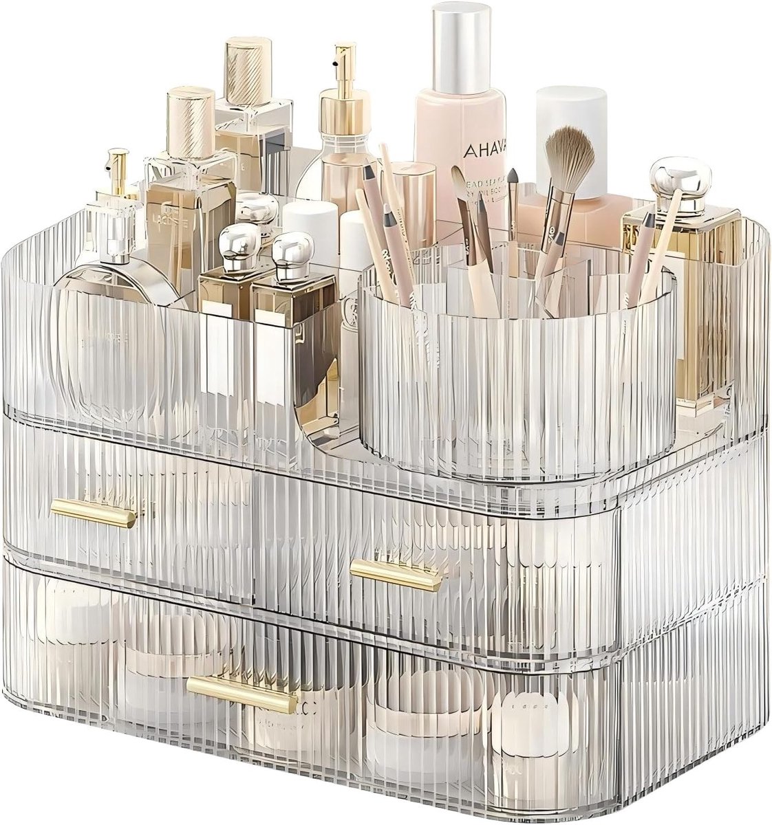 Grote Capaciteit Make-up Organizer met Lades en Draaiende Borstelhouder, Ideaal voor Badkamer en Make-up Opslag, Perfect voor Cosmetica en Organisatie