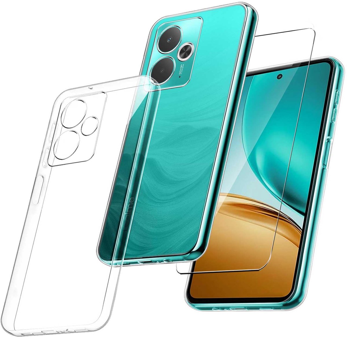 2-in-1 beschermhoes compatibel met Realme 14T 5G / Realme 14 5G (6,67 inch) met 1 stuk gehard glazen displaybeschermfolie, transparante beschermhoes van zachte TPU-siliconen