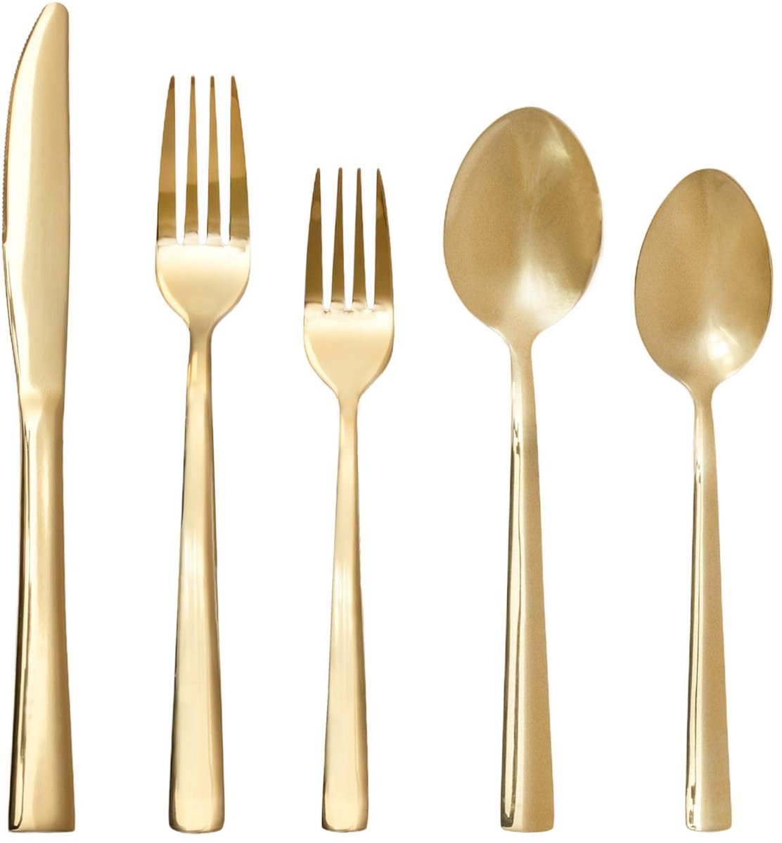 Bestekset van roestvrij staal in Goud - 4 stuks vorken, taartvorkjes, messen, lepels, dessertlepels - Bestek voor 4 personen, vierkant, vaatwasmachinebestendig bestek