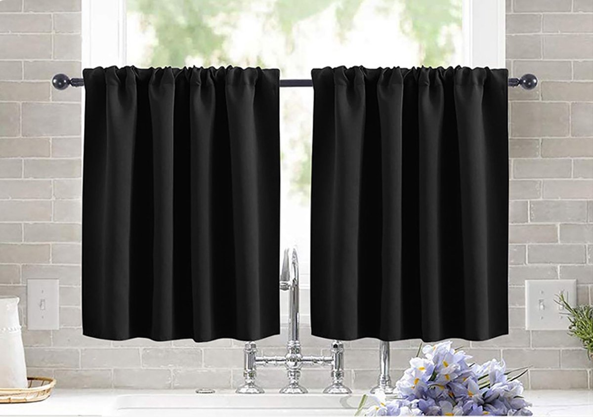 Vitrage, set van 2 keukengordijnen, ondoorzichtig, raamgordijn, moderne golvende textuur, korte gordijnen, elegante bistrogordijnen voor woonkamer, zwart, B 75 cm x H 60 cm, 2 stuks