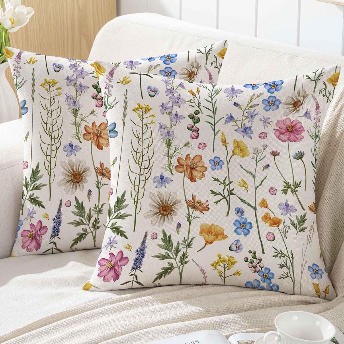 kussensloop, 45 x 45 cm, bloemenkussen, outdoor, bankkussen, blauw, roze, geel, bloemen, groen, bladeren, kussenhoezen, sierkussen, kussenslopen, tuin, bank, decoratief kussen