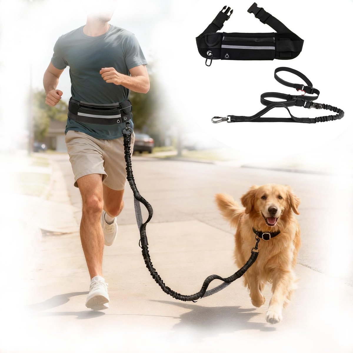 Hondenriem wandelriem, Heavy Duty hondenlooplijn handsfree met heupriem, verstelbare bungee hondenriem, heuptas reflecterende steken voor hardlopen, wandelen en joggen