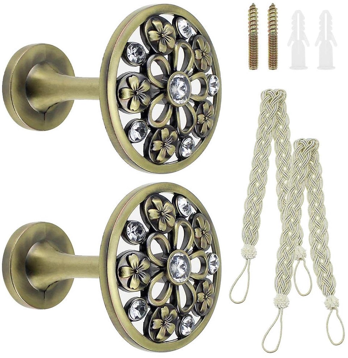 Gordijn Holdbacks 2 Stks Vintage Retro Wandmontage Metalen Hangers Gordijnen Gordijn Tiebacks Haak met Geweven Gordijn Ties voor Thuis Woonkamer Badkamer Kast - Zinklegering