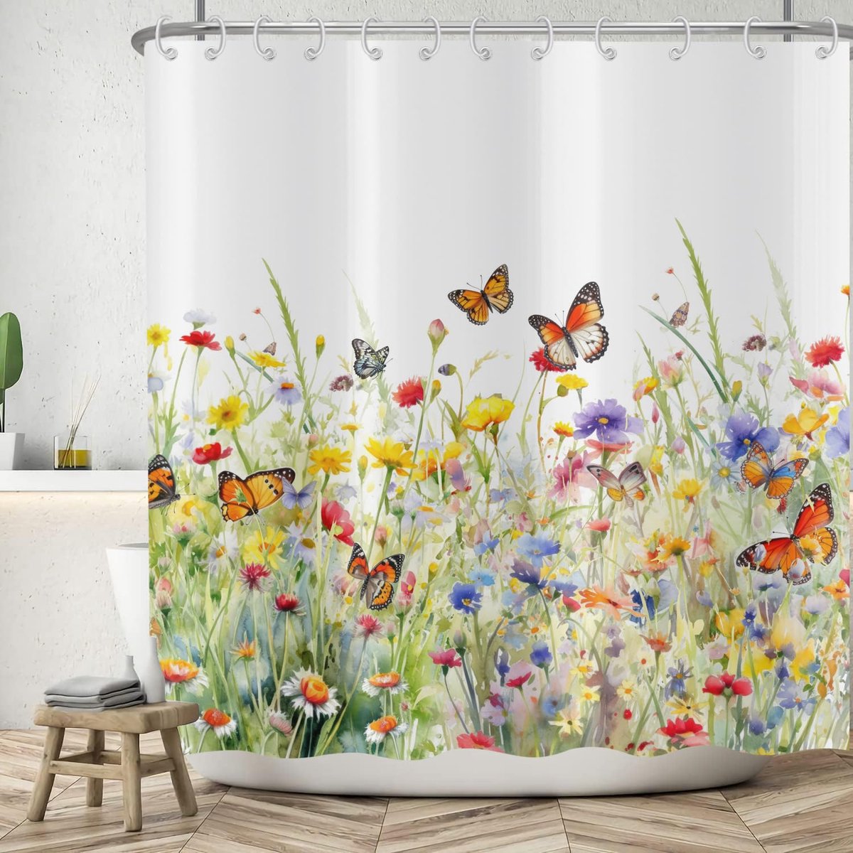 Douchegordijn, 180 x 180 cm, lente, aquarel, geel, paars, roze, kleurrijk, bloemen, vlinder, wit, badkamer, wasbaar, douchegordijnen, polyester, textiel, waterdicht, badgordijn voor