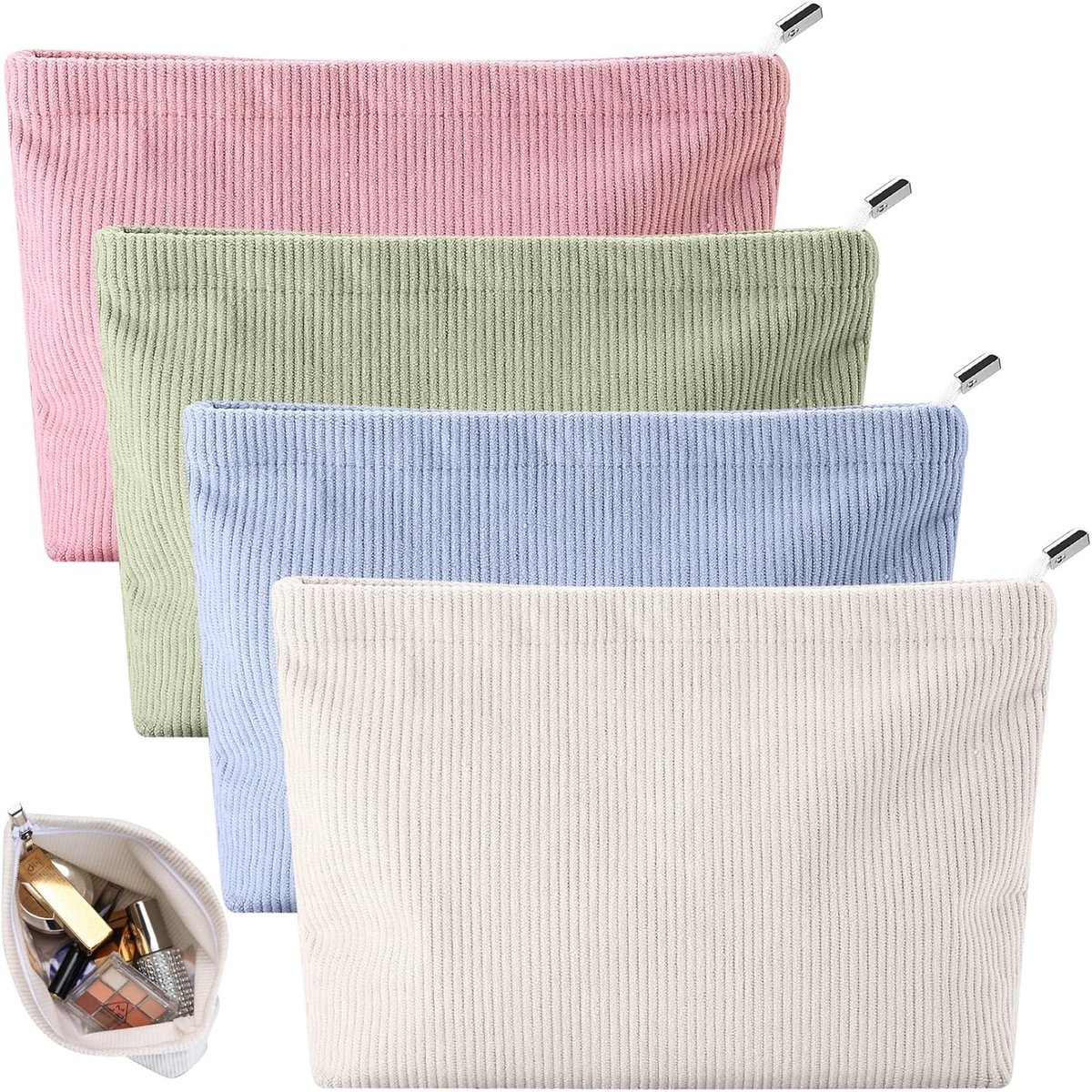 4 stuks cosmeticatassen voor vrouwen, kleine reis make-uptas voor in handtas, toiletartikelen/make-up tassen met rits, corduroy make-upzakje voor reisbenodigdheden, 10,24 x 7,48 x 2,17 cm