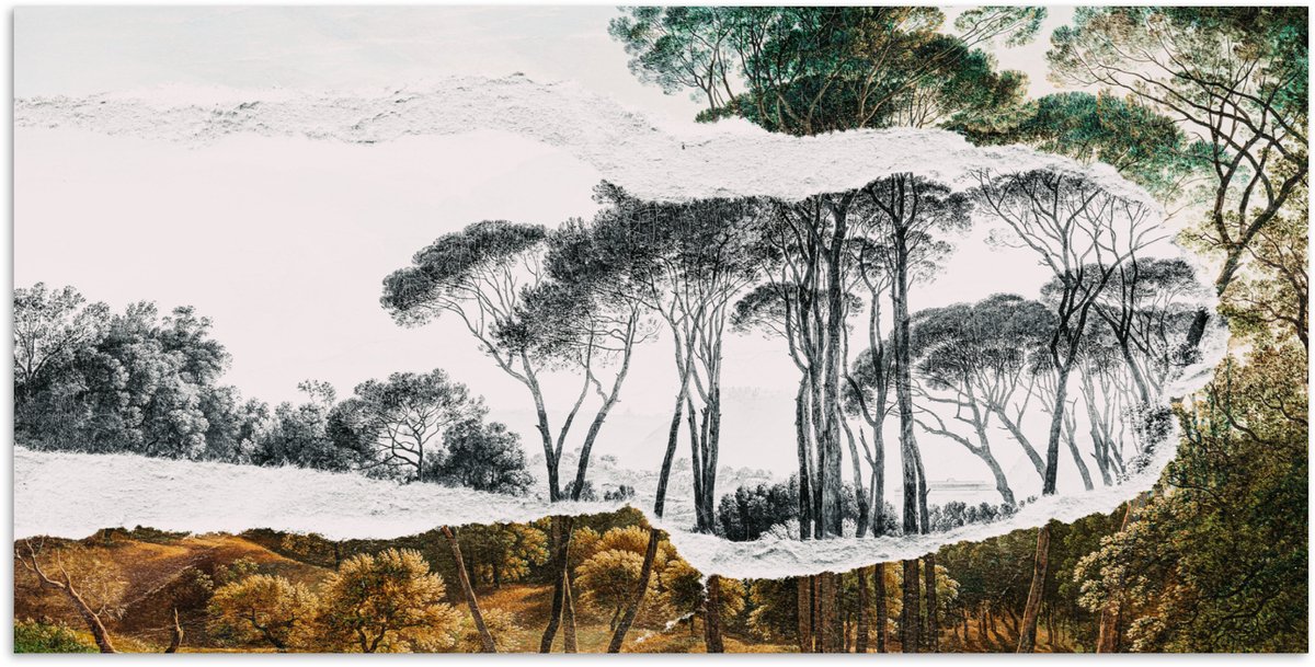 Poster 80x40 cm - Italiaans landschap parasoldennen - Kunst - Hendrik Voogd - Schilderij -