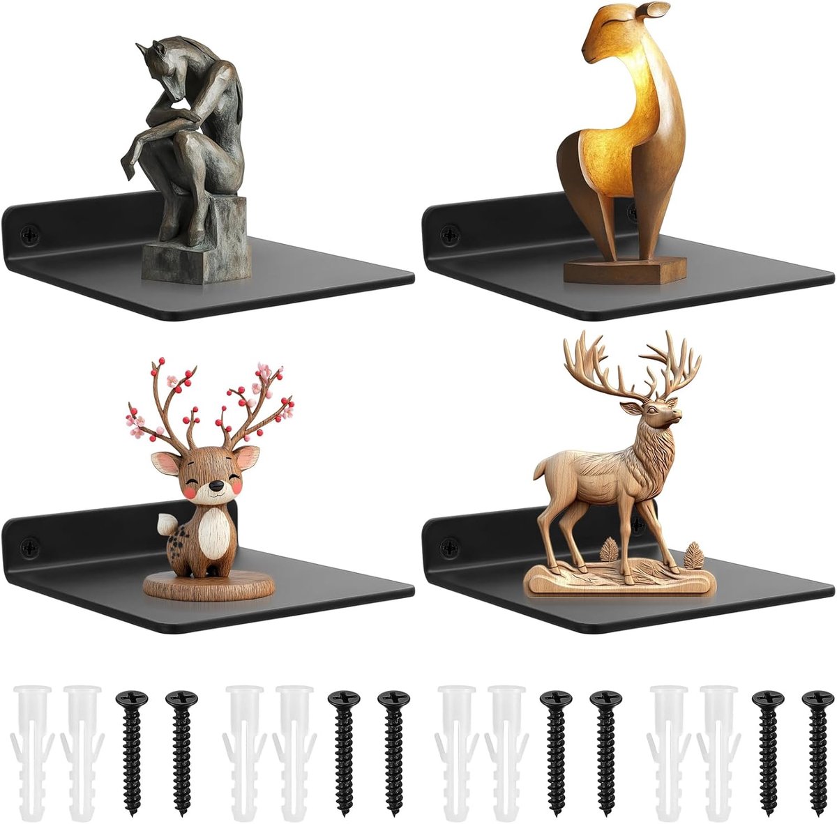 4 stuks kleine zwarte wandplanken, mini-wandplanken, zwarte zwevende planken voor muren, zwarte plank voor kinderkamers, boekenplankdecoratie wandbord voor keuken, woonkamer, 10,9 x 10 x 2,2 cm
