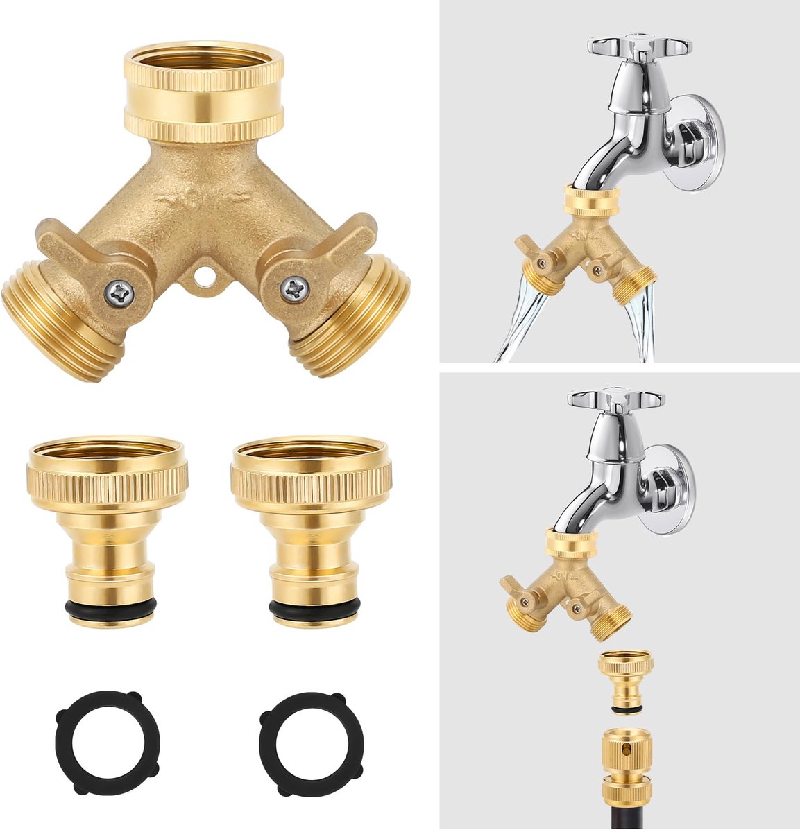 3/4" Tap Y Splitter, messing 2-weg slangconnector, hoog debiet, individueel regelbare kleppen voor buiten en tuin
