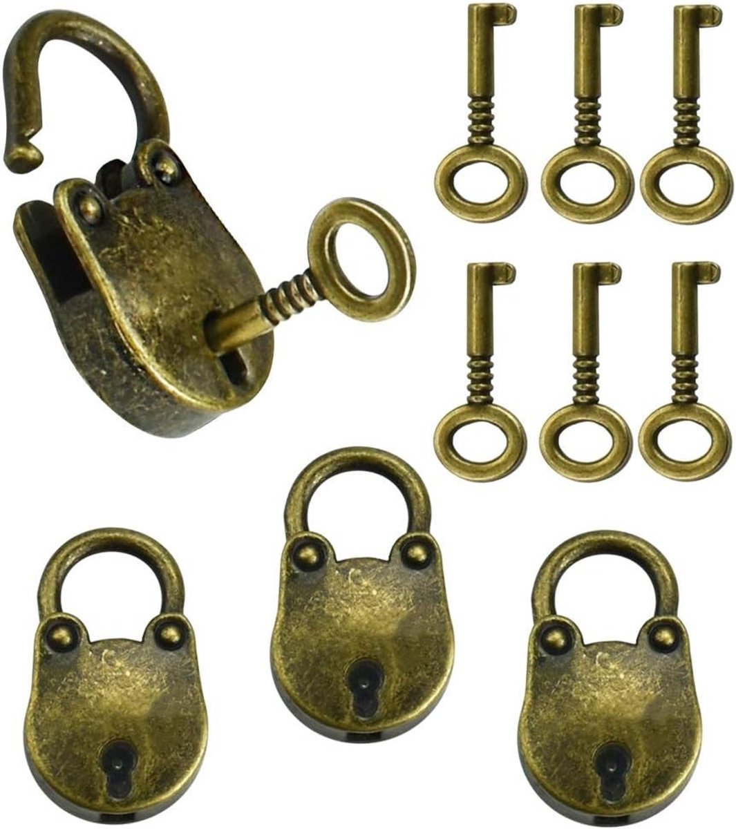 Mini Sleutelslot in Berenvorm - Vintage Messing Hangslot met 6 Sleutels voor Koffer, Sieraden en Opbergdozen - Antiek Design voor Veiligheid en Bescherming