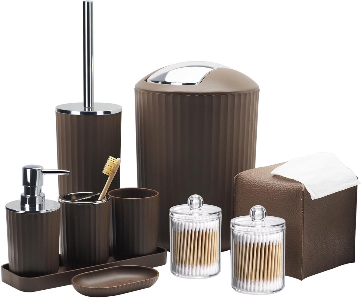 Badkameraccessoireset: 10-delige bruine badkameraccessoireset met prullenbak, tandenborstelhouder en beker, zeepdispenser, zeepschaal, toiletborstelhouder, make-uplade, Qtip houder, tissuedoos deksel