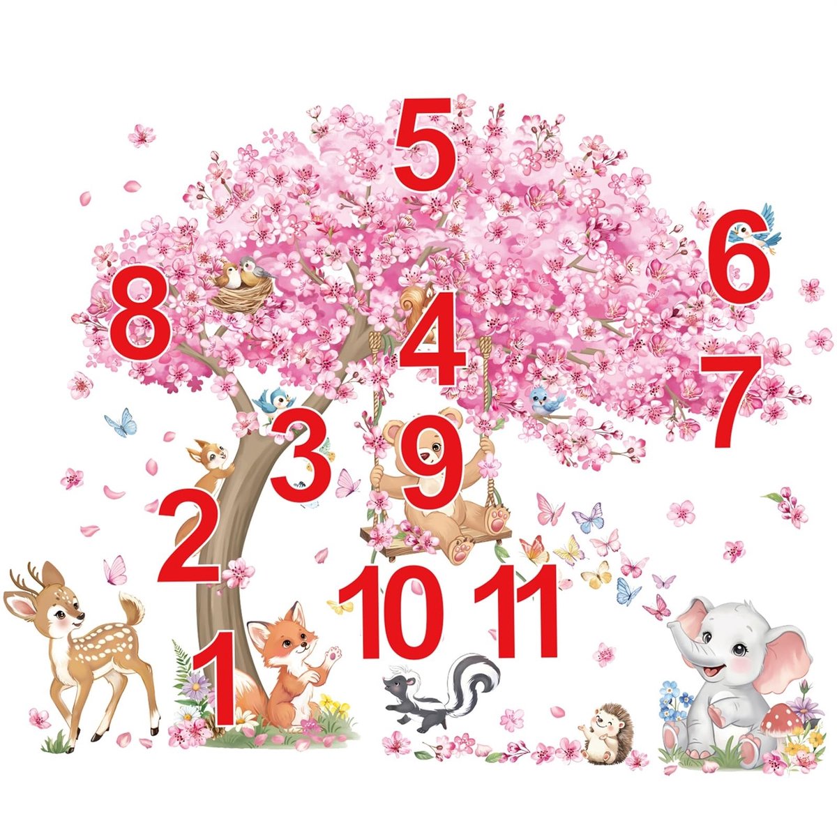 decalmile Grote Kersenbloesem Boom Muurstickers Bos Dieren Beer Herten Roze Bloem Muurstickers Baby Nursery Kids Slaapkamer Woonkamer Home Decor